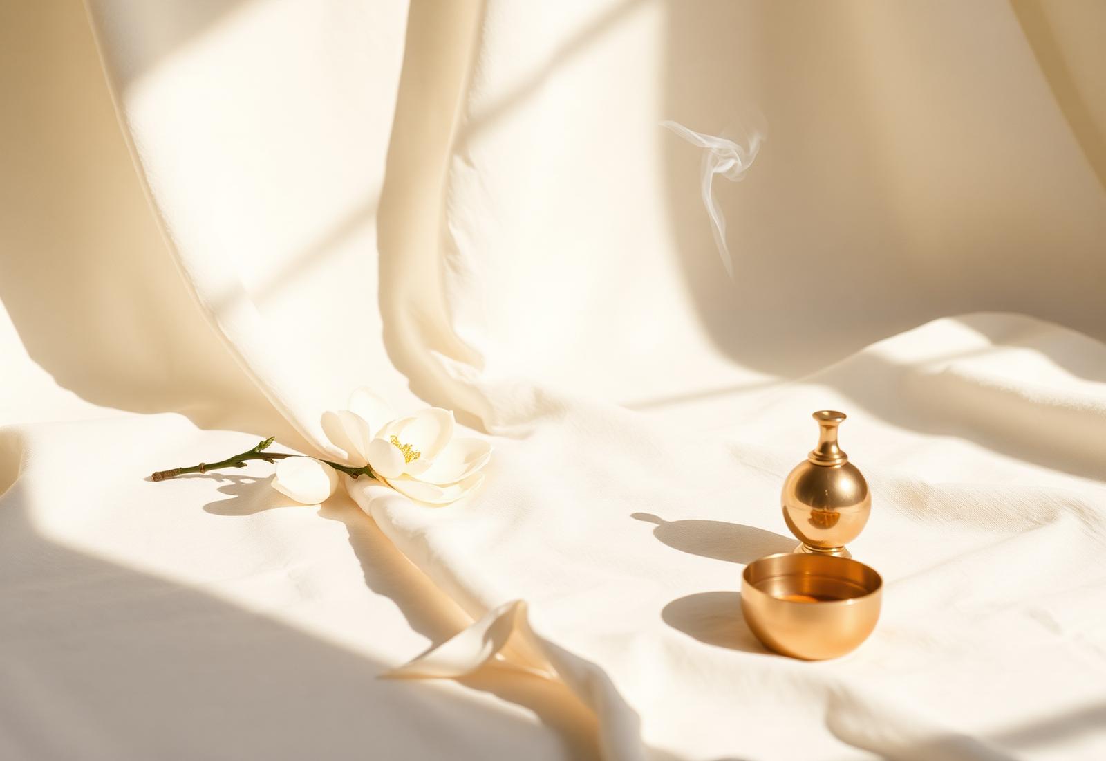 A single white magnolia beside a gold ceremonial vessel on ivory linen, softly lit by natural sunlight