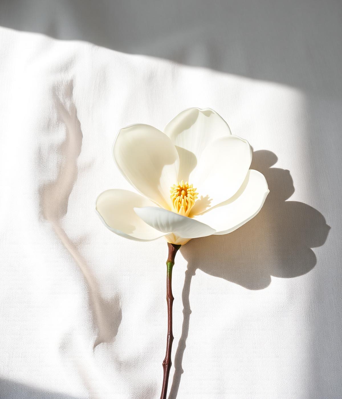 White magnolia on ivory linen