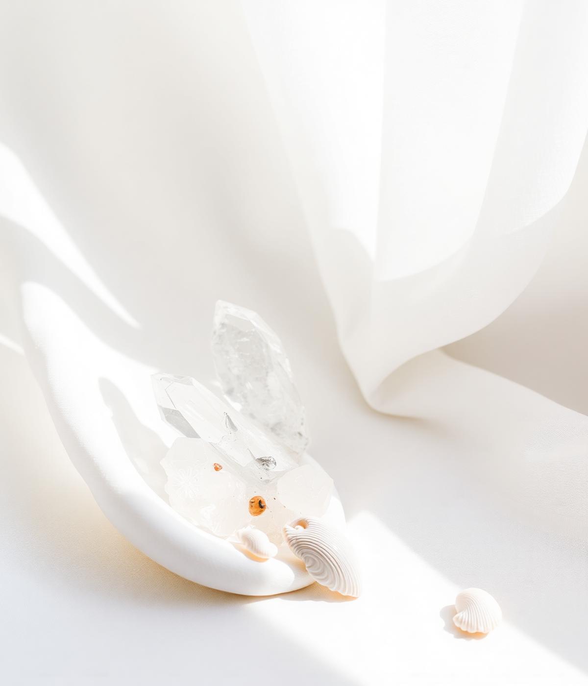 Clear quartz and shells on white linen