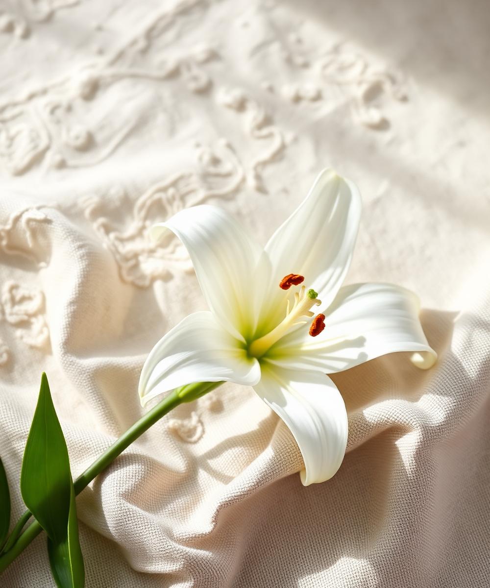 Still life of a single white lily on linen