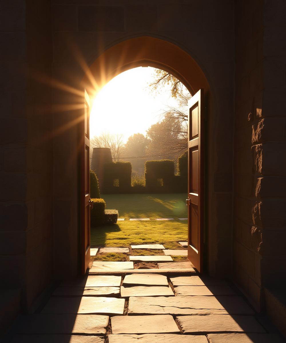 Sunlit stone doorway opening onto a quiet garden