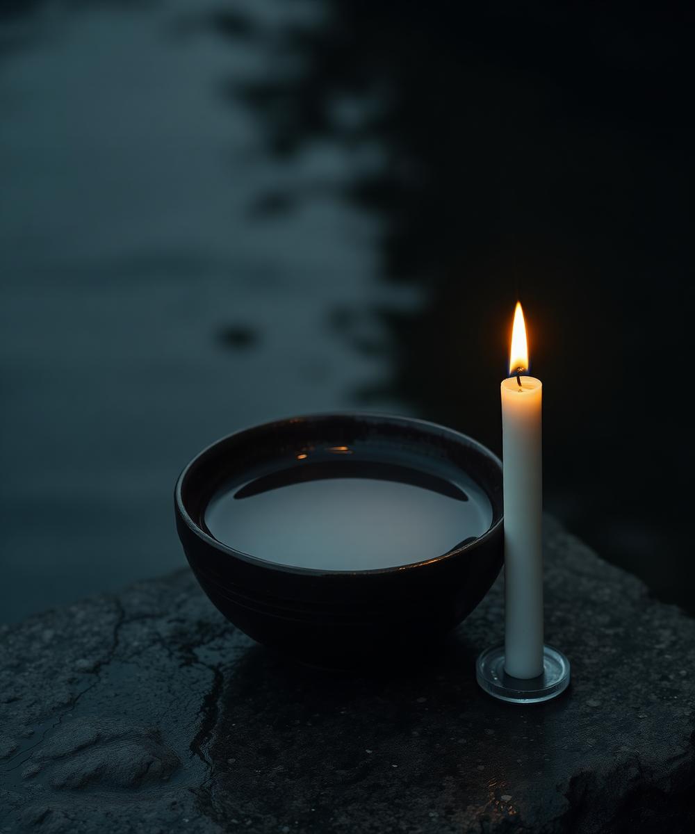 Candlelight beside a bowl of still water on stone