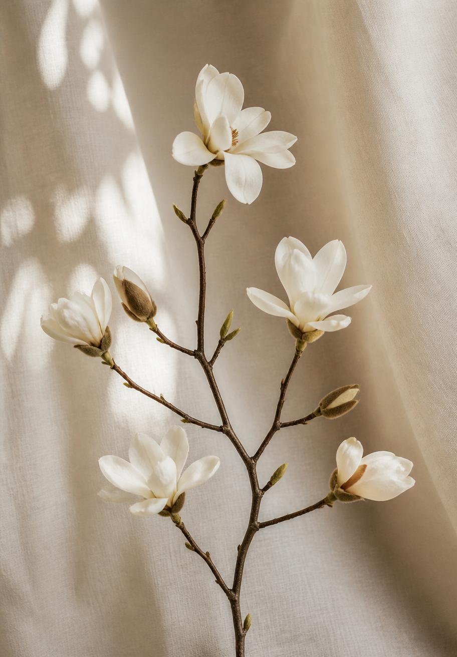 Magnolia branch on ivory linen