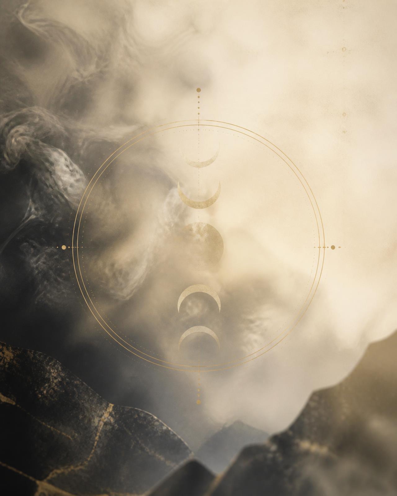 Mist and moon phases within a golden circle